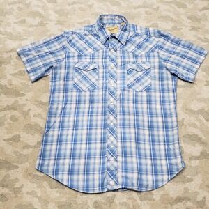 Wrangler Western Shirt Mens Large Blue Pockets Pearl Snap Short Sleeve Rodeo